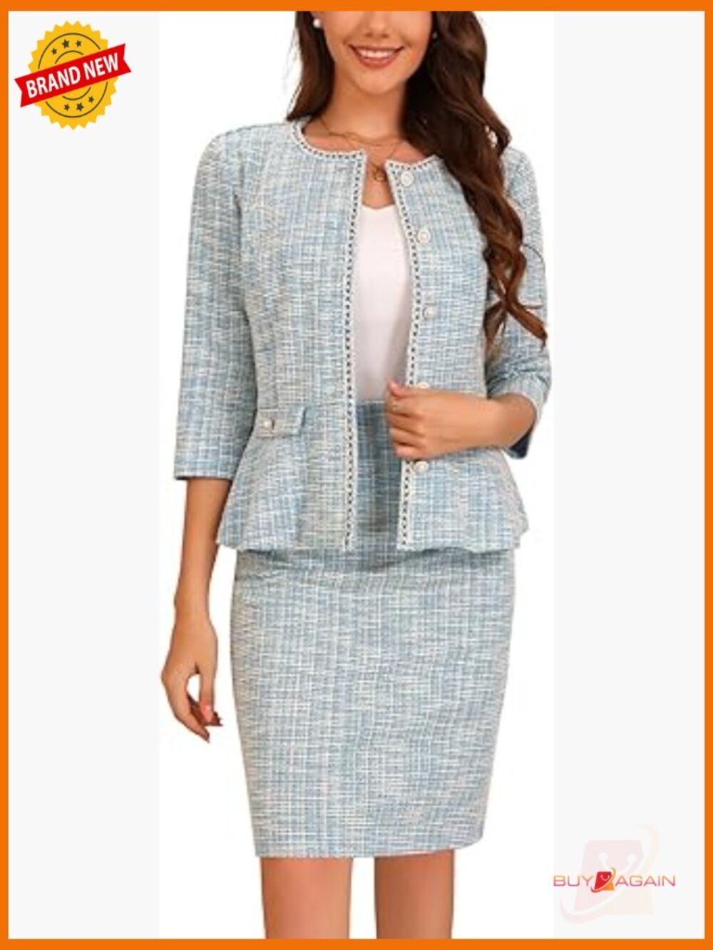 2 Piece Skirt Suit Set - Tweed Blazer & Pencil Skirt Business Casual